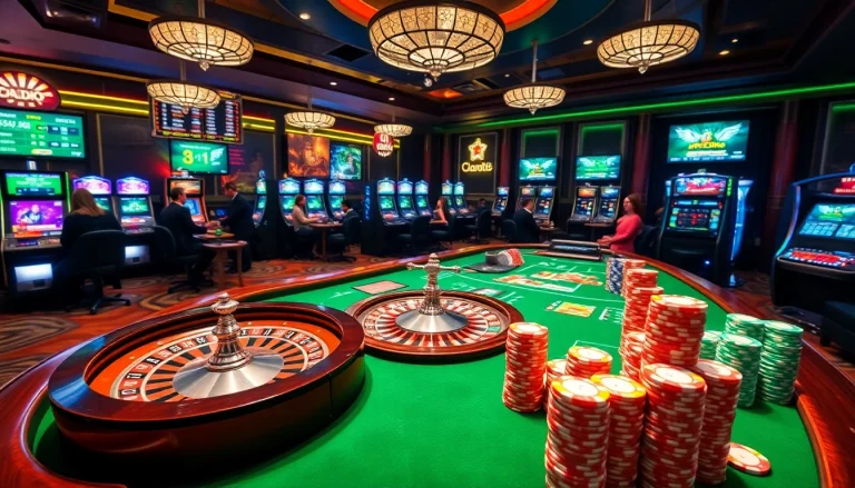 Players enjoying a luxurious gambling experience with rikvip, featuring poker chips and exciting slot machines.