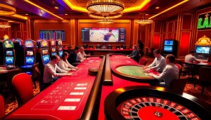 Gamblers enjoying a luxurious scene at OK365 with vibrant tables, slot machines, and roulette excitement.
