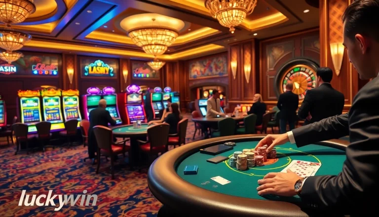 Experience the excitement with luckywin at a vibrant casino featuring lively slot machines and poker tables.