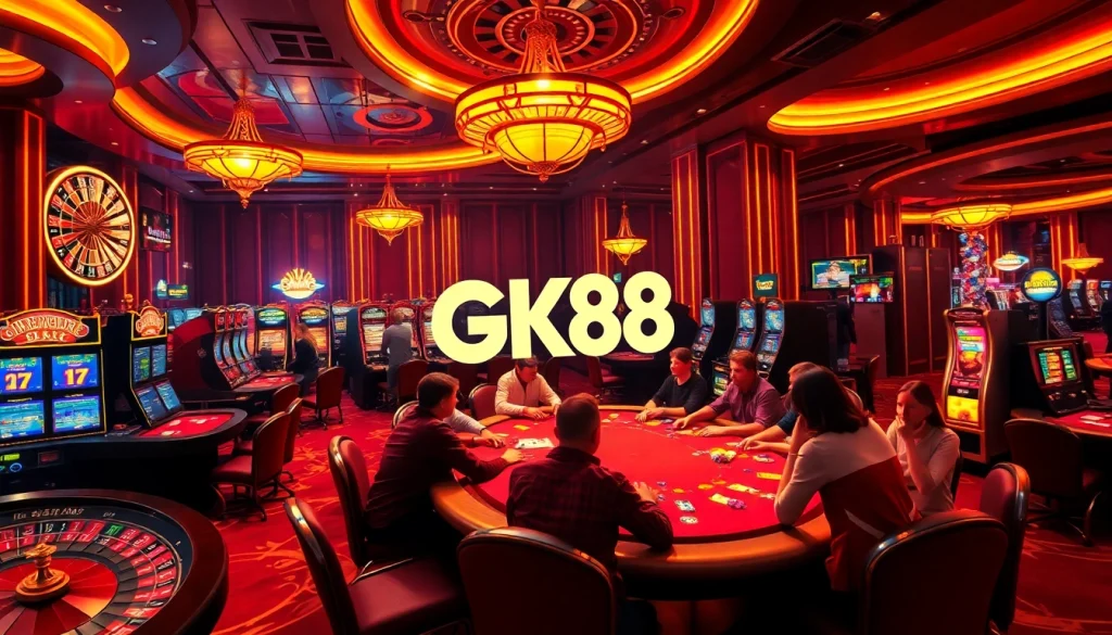 Players engaging in thrilling casino games at GK88, surrounded by roulette wheels and poker chips.