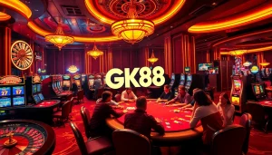 Players engaging in thrilling casino games at GK88, surrounded by roulette wheels and poker chips.