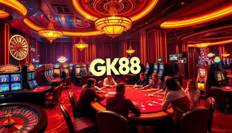 Players engaging in thrilling casino games at GK88, surrounded by roulette wheels and poker chips.