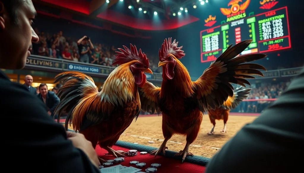 Engaging match of đá gà cựa dao with betting slips and intense crowd focus.