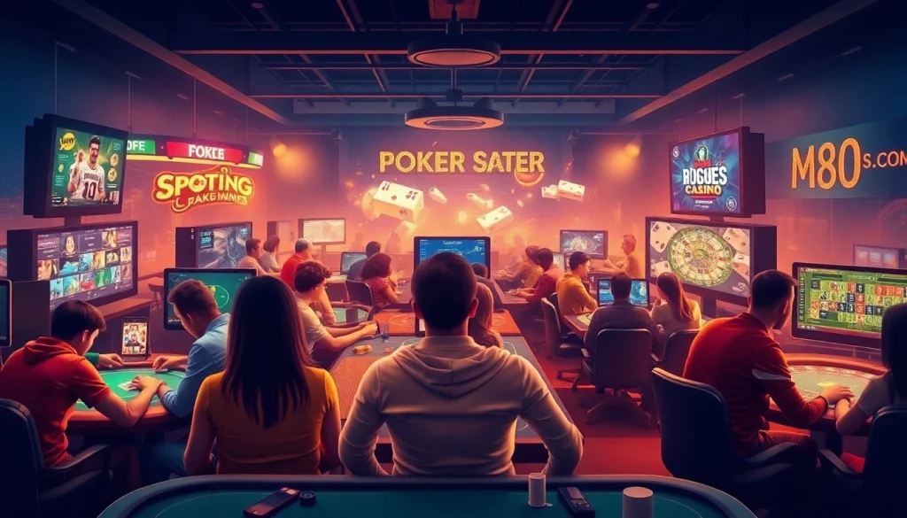 Engaging online gaming scene at bk860s.com showcasing players enjoying poker and sports betting in a vibrant atmosphere.