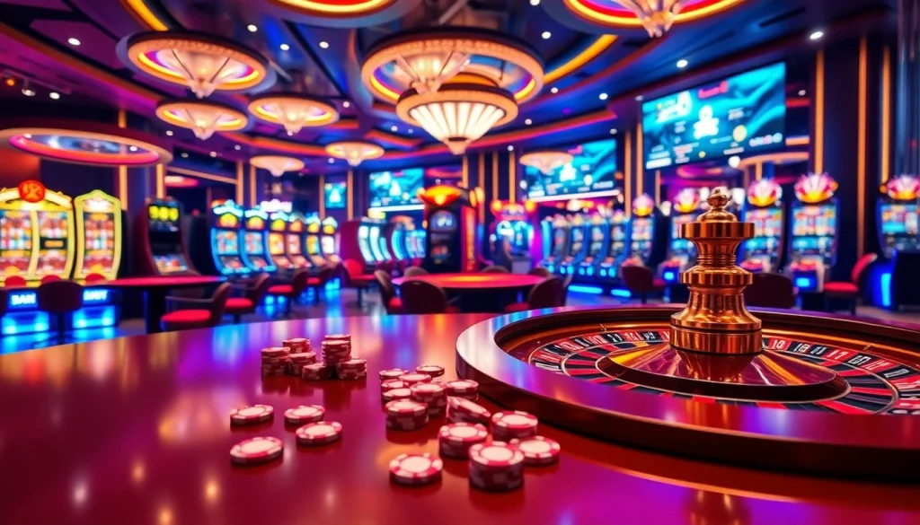 Experience the thrill of Nhà cái Luckywin in a lavish casino setting with vibrant gaming tables and slot machines.