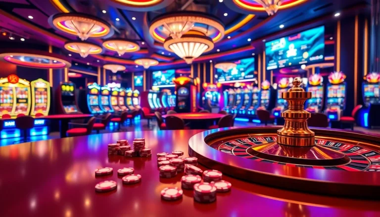 Experience the thrill of Nhà cái Luckywin in a lavish casino setting with vibrant gaming tables and slot machines.