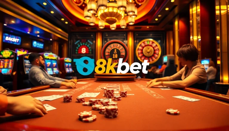 Experience thrilling gameplay with 8kbet’s vibrant casino atmosphere featuring poker and roulette.