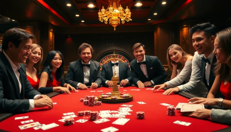 The excitement of poker players in a luxurious scene at https://king882026.com/ showcasing high-value chips and cards.