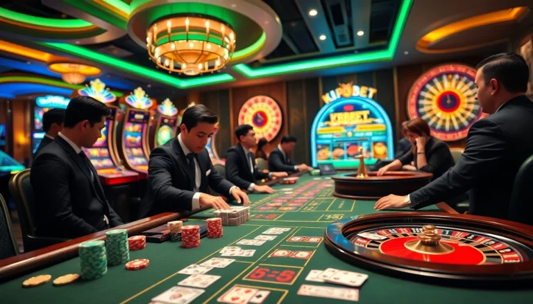 KBBET enhances the thrill with an exciting casino scene featuring vibrant tables and engaging players.