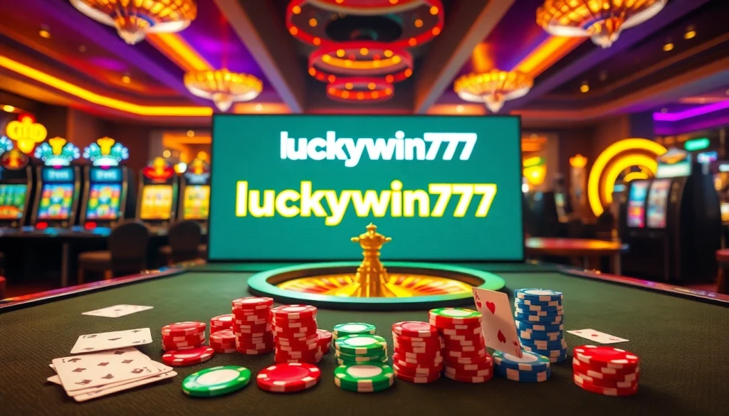 Exciting gambling scene showcasing luckywin777 with table games, slots, and vibrant casino elements.