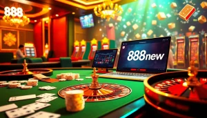 Exciting scene of gamblers enjoying games at 888new casino with poker chips and roulette wheel.