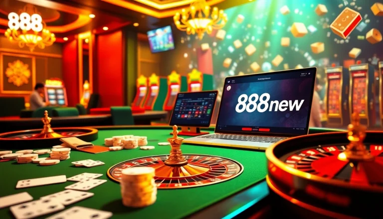 Exciting scene of gamblers enjoying games at 888new casino with poker chips and roulette wheel.