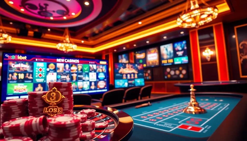 K8BET homepage featuring a vibrant online gaming interface with poker chips and roulette wheels.