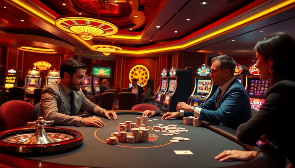 Players enjoying a vibrant gaming experience at 69vn.gb.net with chips and cards in a luxurious casino setting.