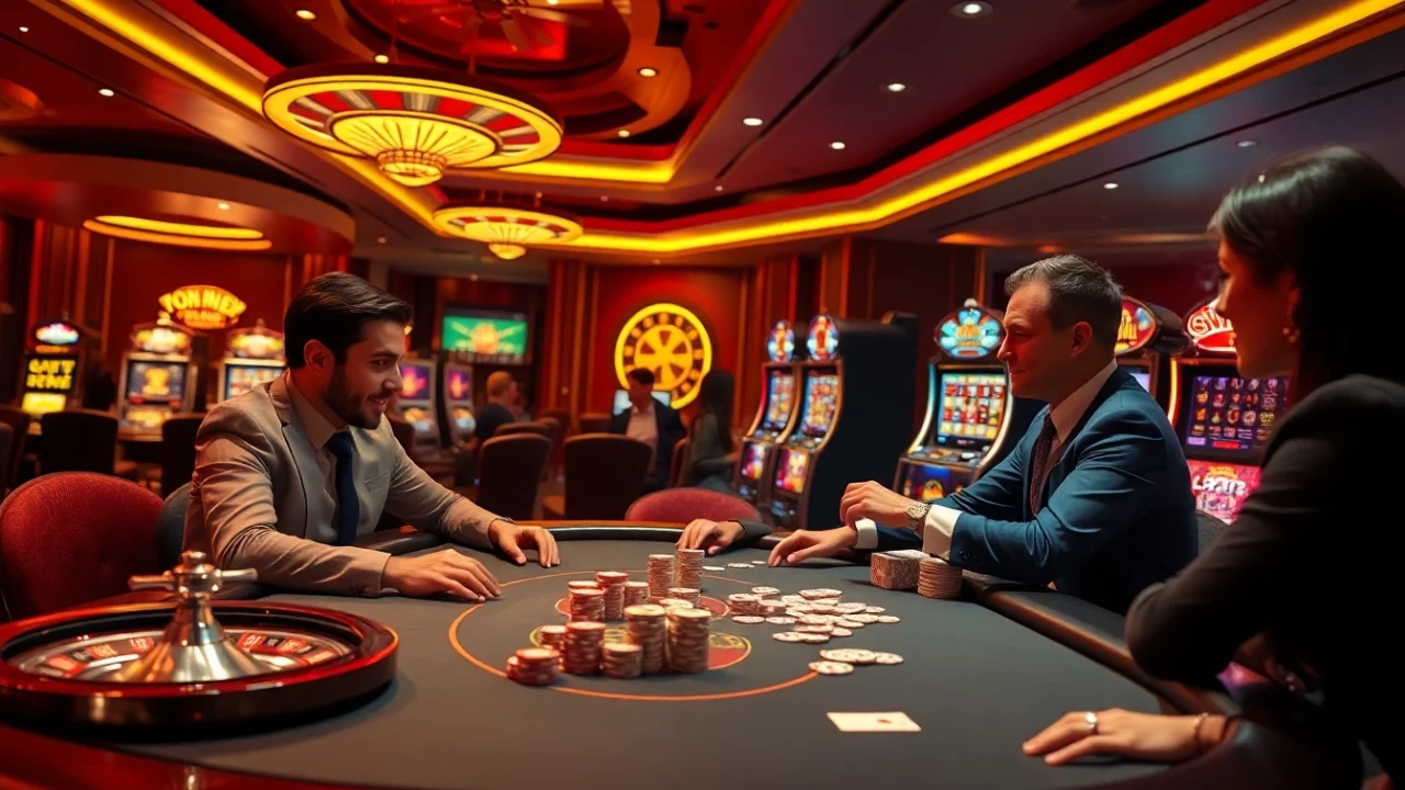 Players enjoying a vibrant gaming experience at 69vn.gb.net with chips and cards in a luxurious casino setting.