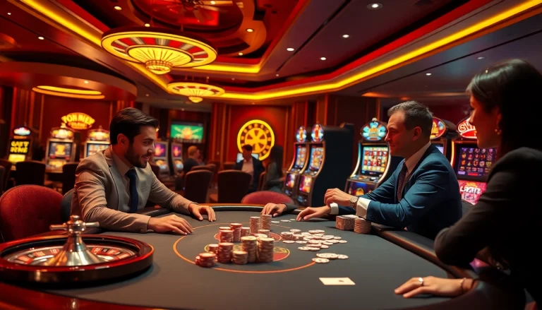 Players enjoying a vibrant gaming experience at 69vn.gb.net with chips and cards in a luxurious casino setting.