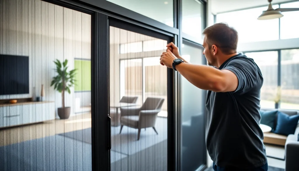 Fit a Flyscreenmaxx pleated fly screen in a modern living area, highlighting its features.