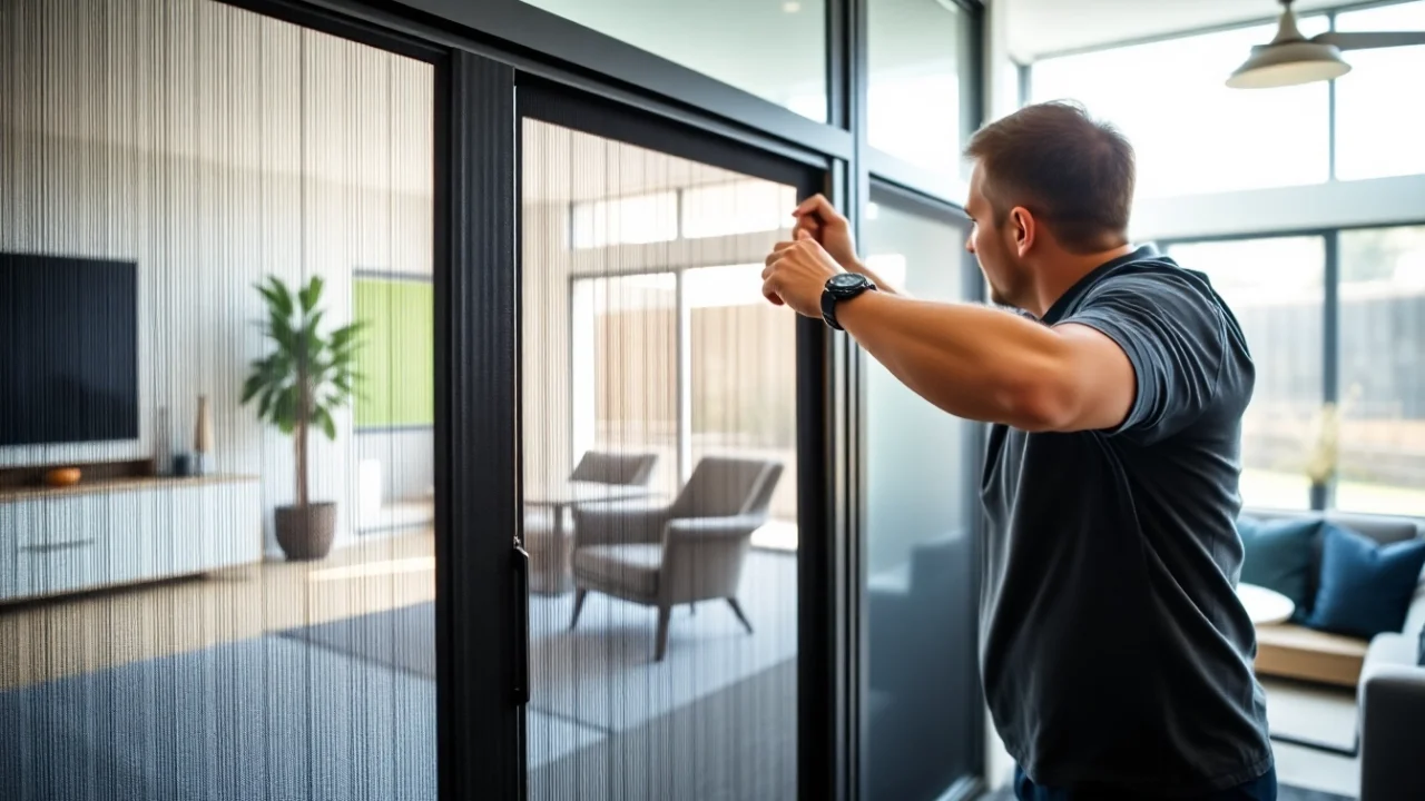 Fit a Flyscreenmaxx pleated fly screen in a modern living area, highlighting its features.