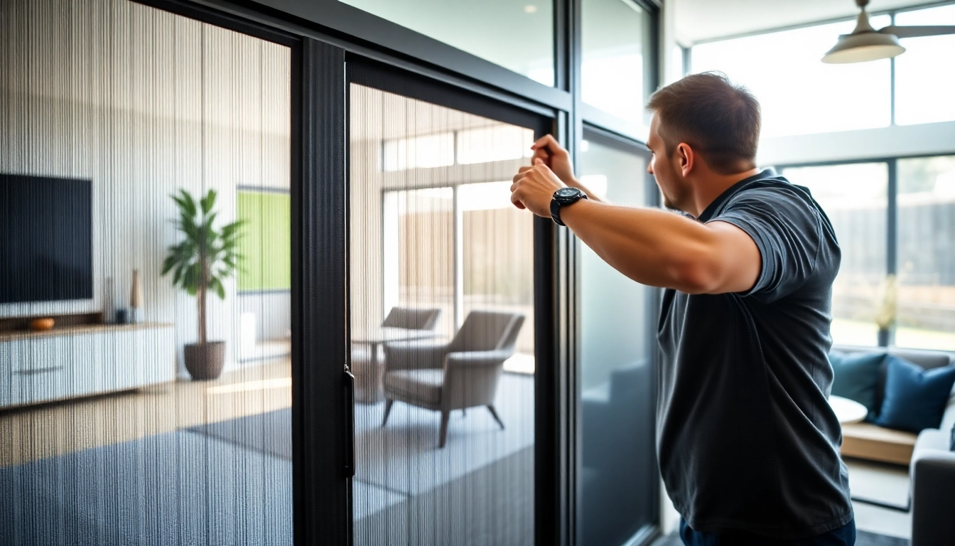 Fit a Flyscreenmaxx pleated fly screen in a modern living area, highlighting its features.