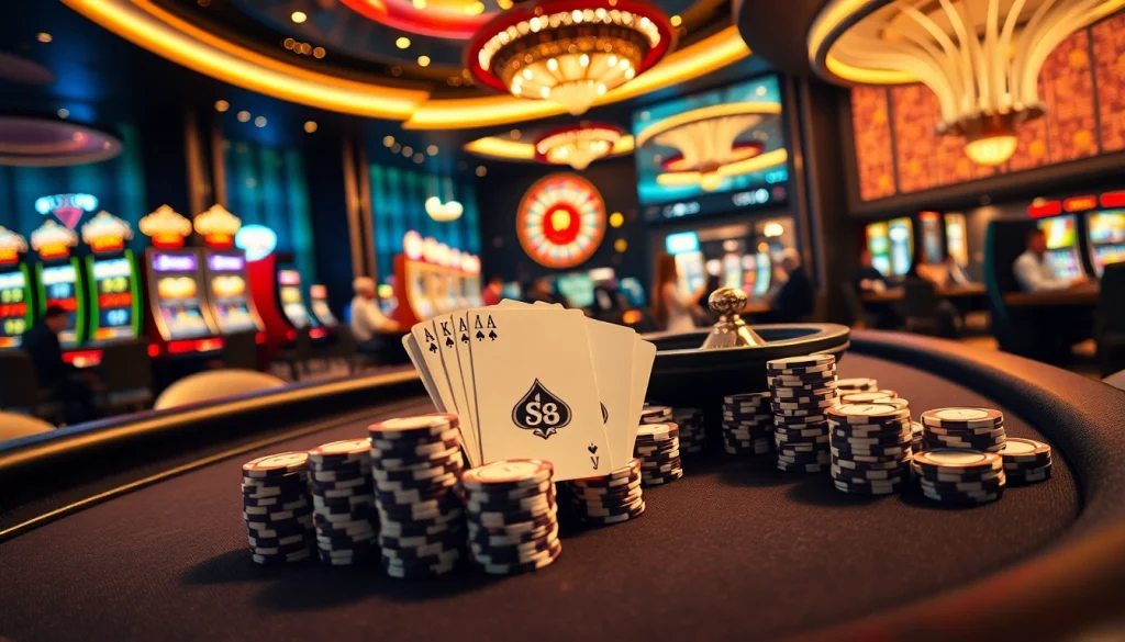 Engaging players at the s8 poker table display exciting strategies in a luxurious casino.