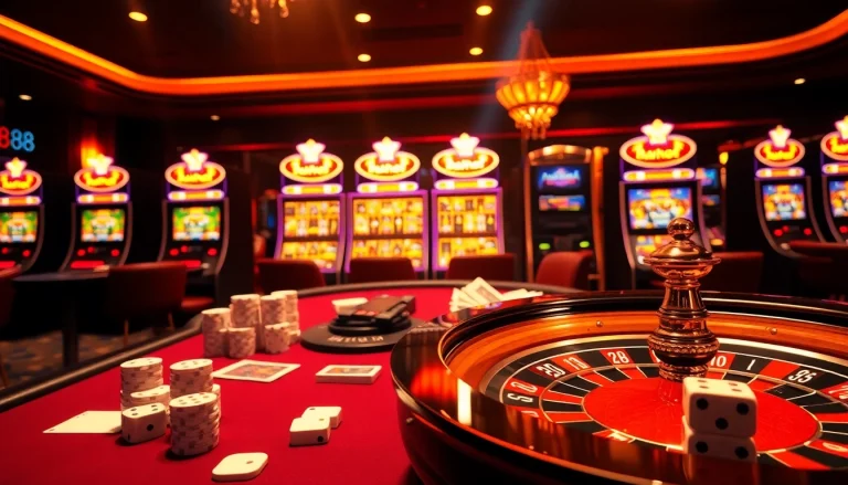 Experience thrilling gameplay at HM88 with a luxurious roulette wheel and poker table setup.