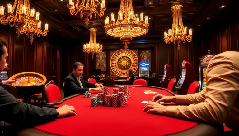 Engage in high-stakes poker at CM88's luxurious casino, featuring vibrant poker chips and a roulette wheel.