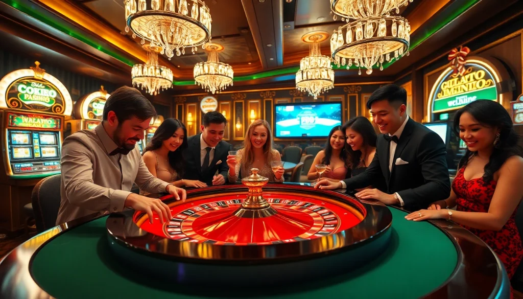 Experience the thrill of 'win98' at an upscale casino, featuring diverse players at a lively roulette table.