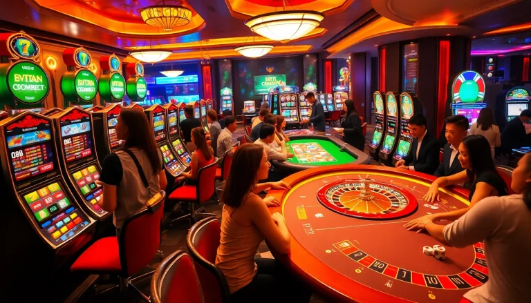 Experience the thrill of f168 ai with players engaging in lively casino games at illuminated tables and machines.