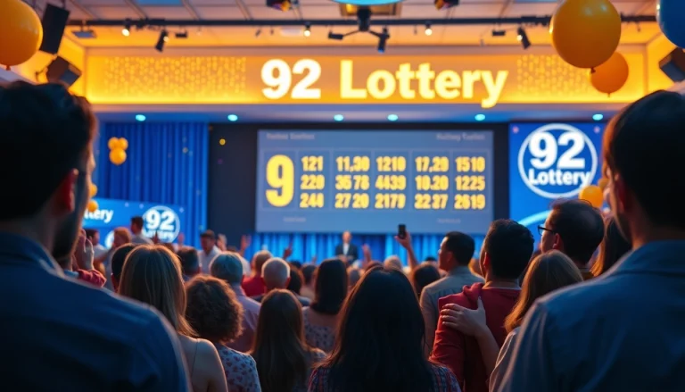 Exciting scene of a 92 lottery drawing event, showcasing participants and colorful lottery numbers.