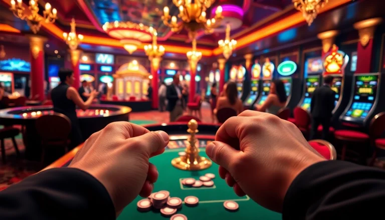 A lively casino scene with a poker table, roulette wheel, and celebratory gamblers, emphasizing the excitement of https://go88hv.com/.