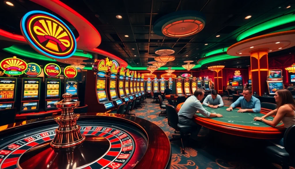 Experience the thrill of gambling at https://rr88.se.net/ with an engaging casino scene featuring roulette and slot machines.