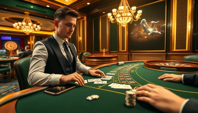 Experience intense gameplay at Bet88 com vn with a luxurious blackjack table and engaged players in the heart of a live casino.