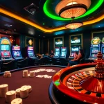 Bet88's vibrant casino scene with poker tables, roulette wheels, and excited gamblers.