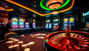 Bet88's vibrant casino scene with poker tables, roulette wheels, and excited gamblers.