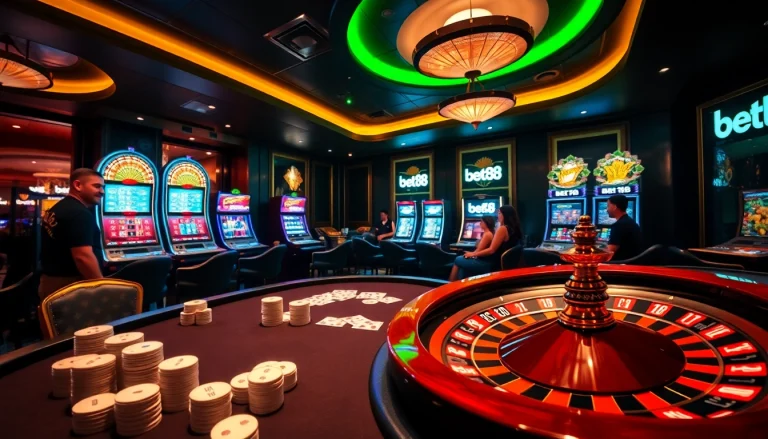 Bet88's vibrant casino scene with poker tables, roulette wheels, and excited gamblers.