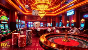 Exciting scene of gamblers enjoying FLY 88 at a luxurious casino table.