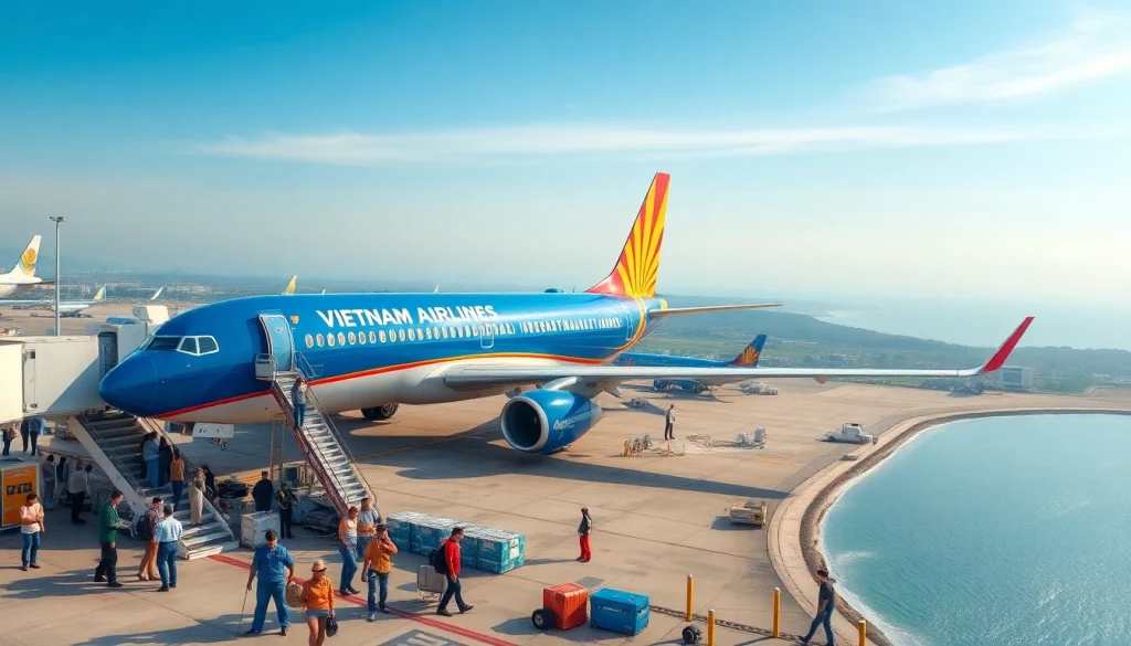 VN168 flight departure from Da Nang International Airport under sunny skies, showcasing vibrant activity.