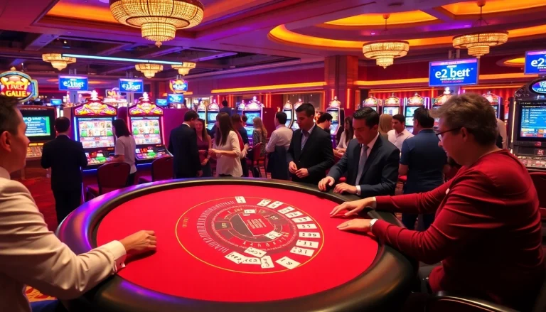 Experience the thrill of e2 bet at a luxurious casino with colorful slot machines and excited players.
