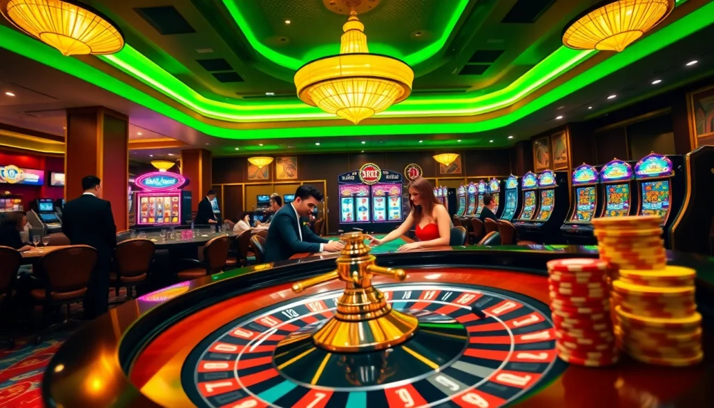 Engaged players at a vibrant roulette wheel and poker table in an RR88 casino scene.