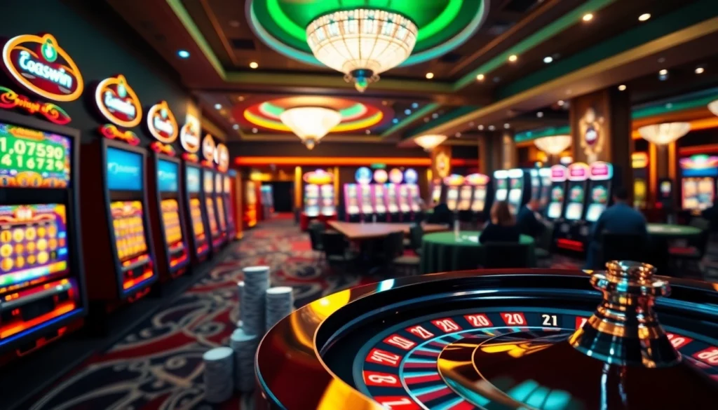 Experience the thrill of gambling at 123win with vibrant casino lights and engaging game action.