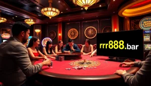 Experience thrilling gameplay at https://rr88.bar/ with vibrant casino visuals featuring poker tables and slot machines.