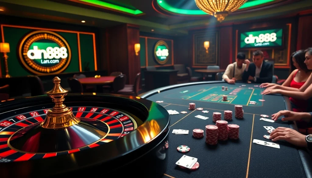 Engage with dn88.com at a vibrant casino table filled with poker chips and playing cards.