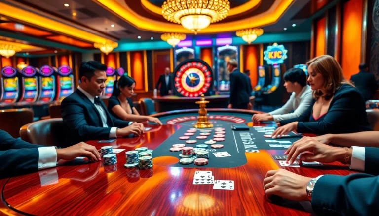 KJC casino scene featuring players engaged in poker with colorful chips and roulette wheel.