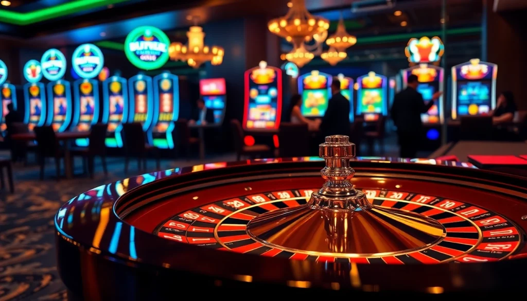 Tg88 casino showcasing lively gameplay at roulette and exciting slot machines with vibrant ambiance.