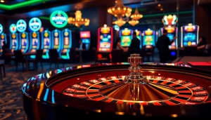 Tg88 casino showcasing lively gameplay at roulette and exciting slot machines with vibrant ambiance.