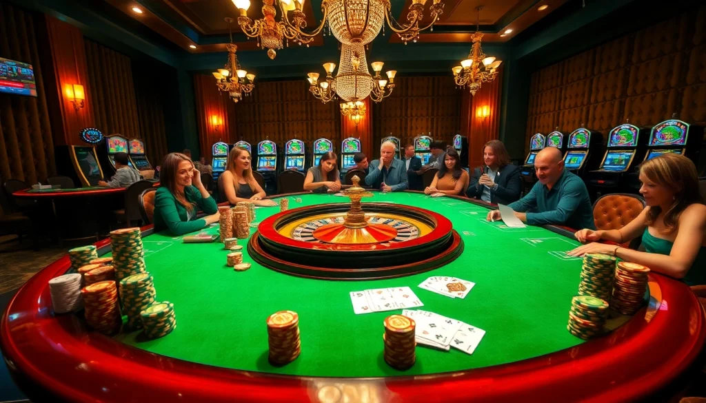 Engage with the excitement of a casino at https://tr88.baby/, featuring roulette, poker chips, and vibrant players.