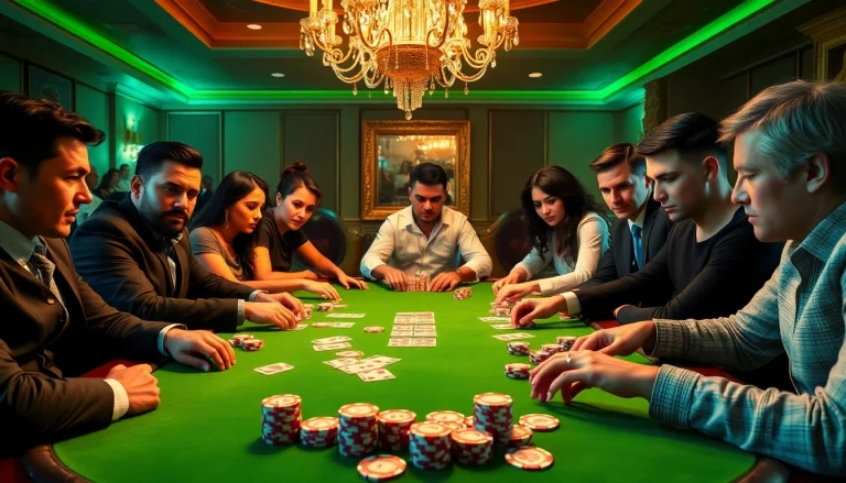 Gambling enthusiasts engaging in a high-stakes poker game at an upscale casino, featuring okking elements.