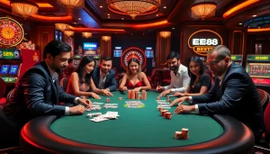 Players enjoying a thrilling game of poker at the EE88 casino table amidst luxury and excitement.