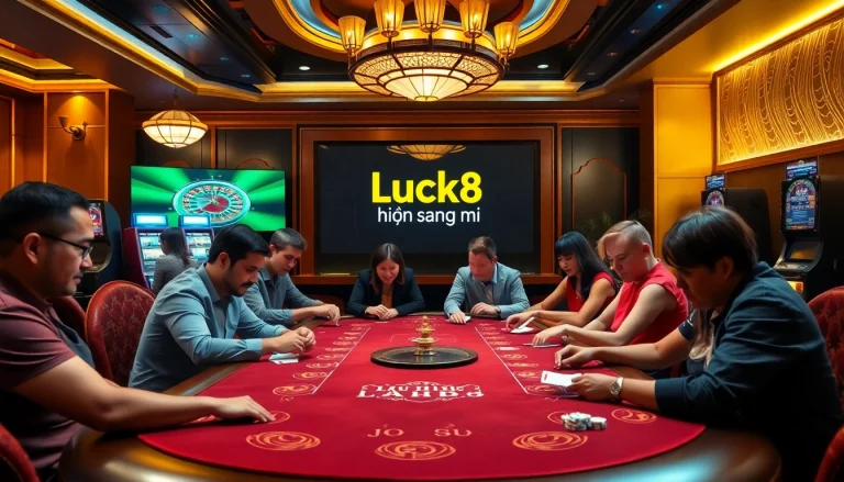 Luck8 hiện đang mở, players enjoying an exciting casino gaming experience at an opulent table.