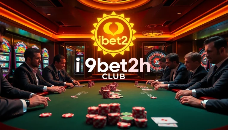The i9bet2h club logo shines brightly over an exciting poker table, showcasing high-stakes gambling action.